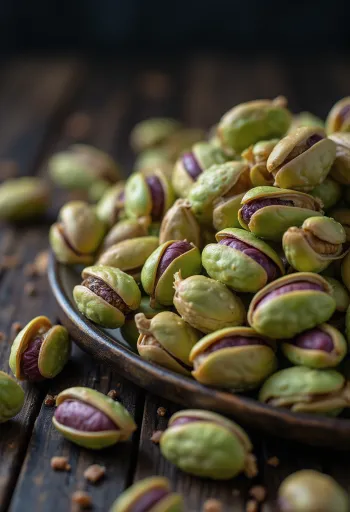 Kuorittuja pistaasipähkinöitä kasassa, vihertävä sävy, valkoinen tausta