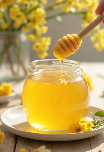 Lehmushunajaa lasissa, hunajalusikka ja lehmuksenkukkia