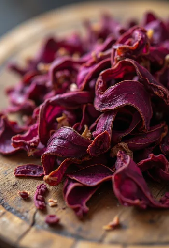 Kuivattuja punaisia hibiskuksen kukkia kulhossa ja hajallaan pöydällä