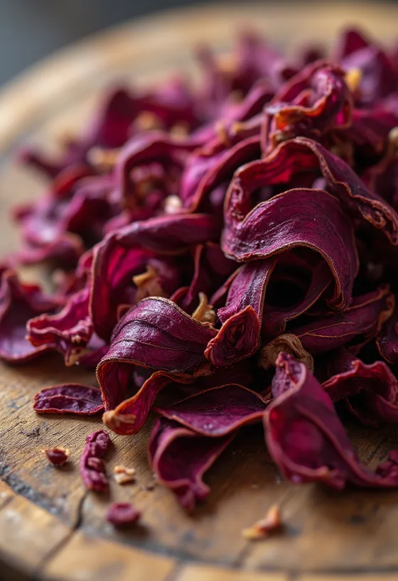 Kuivattuja punaisia hibiskuksen kukkia kulhossa ja hajallaan pöydällä