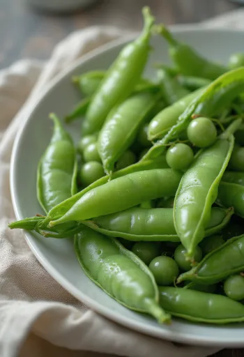 Tuoreita sokeriherneen palkoja ja avattuja herneitä rustiikkisella pinnalla