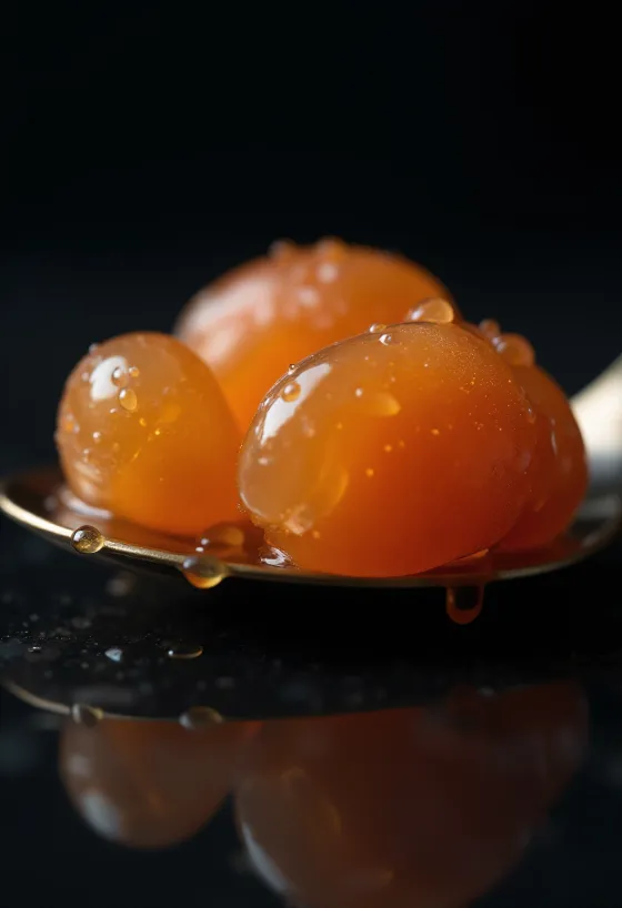 Fotorealistinen mäti pienessä kulhossa, kiiltäviä oransseja helmiä