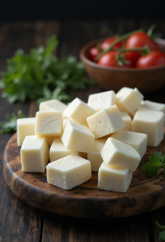 Kuutioitua tuoretta Paneer-juustoa valkoisessa kulhossa