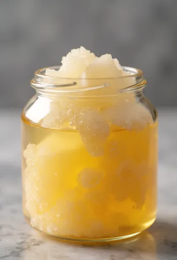 Kirkasta inverttisokerisiirappia lasipurkissa ja lusikassa valutettuna