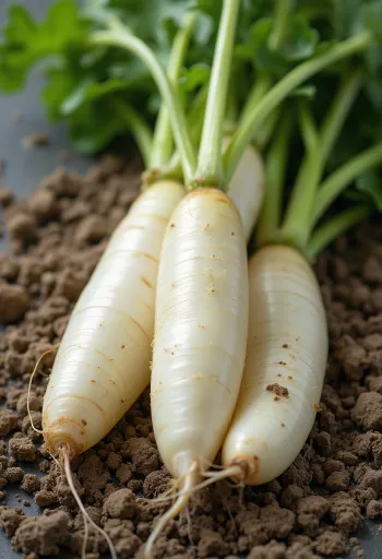 Pitkä, valkoinen valkoretikka tuoreena vihreine lehtineen ja viipaloituna leikkuulaudalla