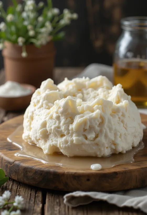 Tuoretta lampaanmaitorahkaa (Gomolya) viipaloituna puuleikkuulaudalla