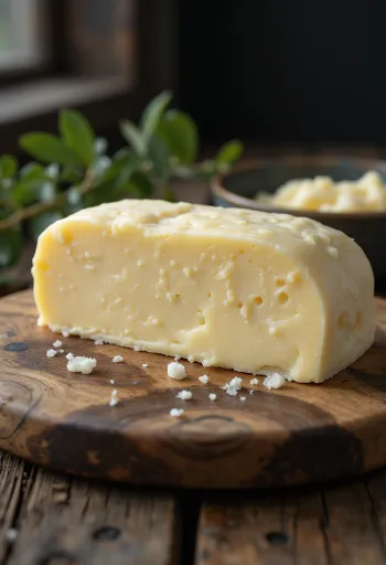 Lampaanvoita pienessä kulhossa, kermainen koostumus, puualustalla