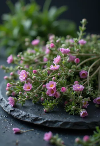 Tuoreita timjamin kukkien terälehtiä valkoisella lautasella, valmiina käyttöön