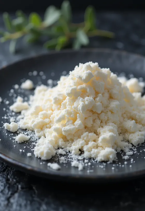 Karrageenijauhetta lasissa ja lusikassa vaalealla pinnalla