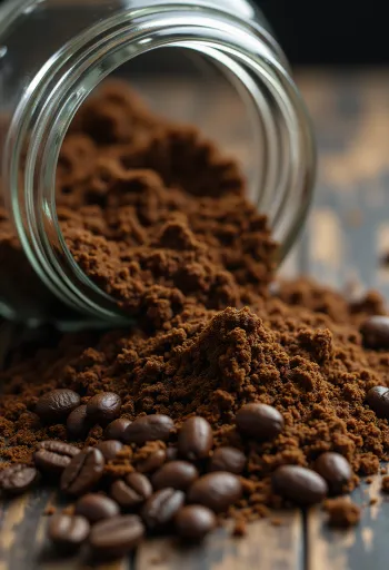 Jauhettua kahvia ja paahdettuja kahvipapuja puulusikalla rustiikkisella taustalla