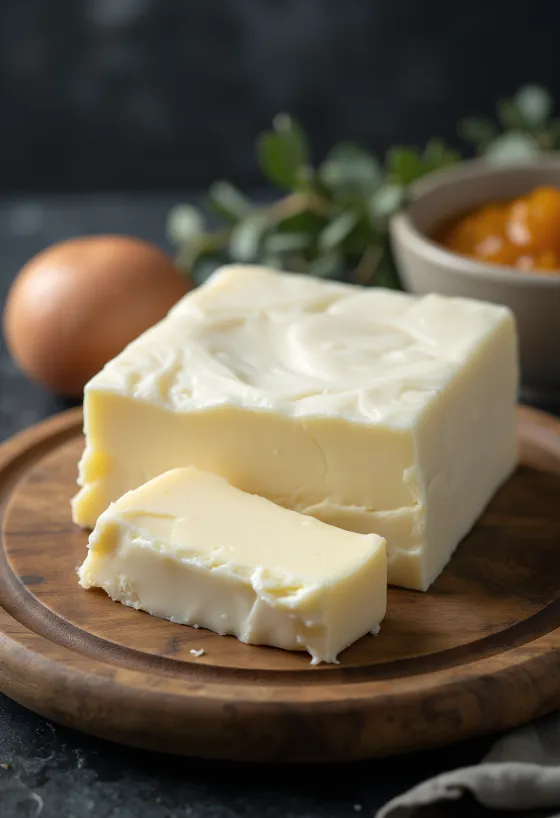 Vuohenvoita pienessä keraamisessa kulhossa, kermainen koostumus, puualustalla