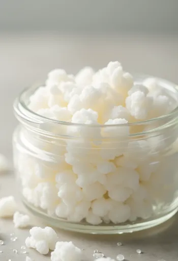 Tuoreita kefiirin siemeniä puisessa kulhossa maidon ja puuvälineiden vieressä, rustiikkisella alustalla