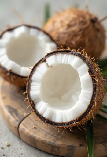 Kokonainen ja halkaistu kookospähkinä valkoisella lihalla, kookosvedellä ja lastuilla puupinnalla