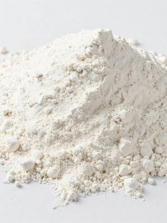 Kookosjauhoa keraamisessa kulhossa, vaaleaa ja hienojakoista jauhetta puupinnalla