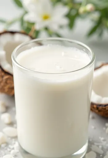 Kookosmaitoa kaadetaan pullosta lasikulhoon, vieressä puolikas kookospähkinä