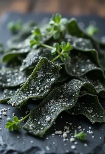 Kuivattuja kombu-leväarkkeja puupinnalla, pieni kulho liotettua kombua