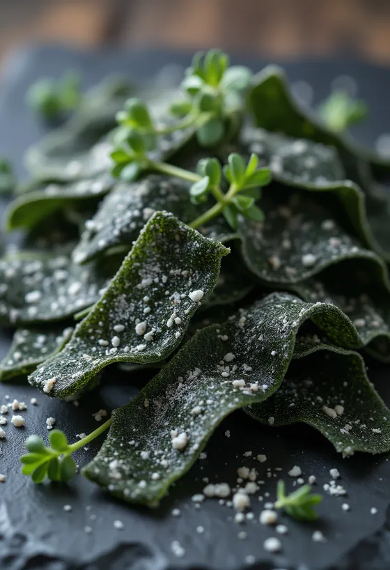 Kuivattuja kombu-leväarkkeja puupinnalla, pieni kulho liotettua kombua