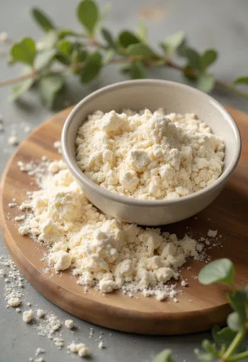 Hapanjuurijauhoa keraamisessa kulhossa puulusikalla ja hapanjuuripurkilla rustiikkisella puupinnalla