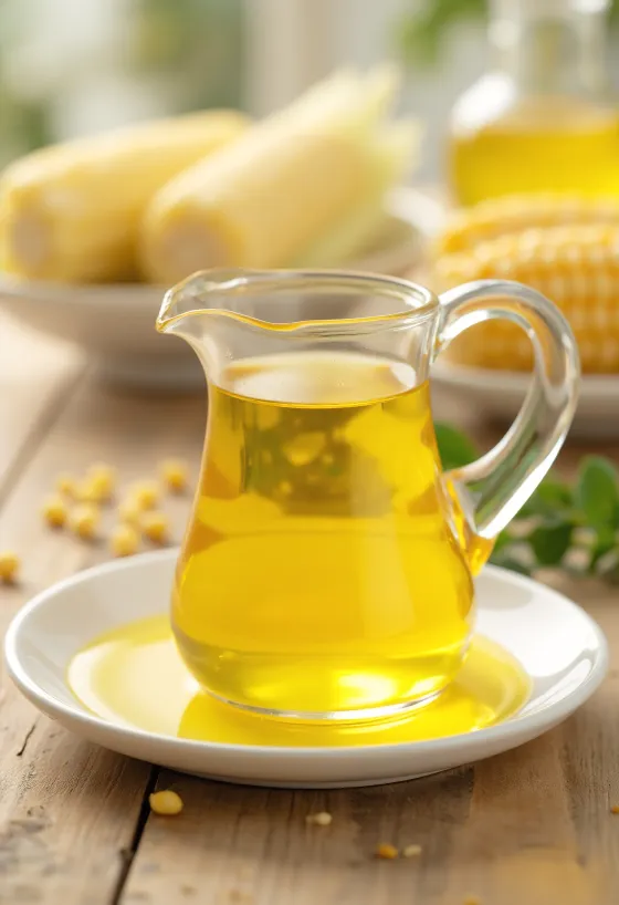 Maissiöljyä lasipullossa, maissinjyviä ja maissirouhetta