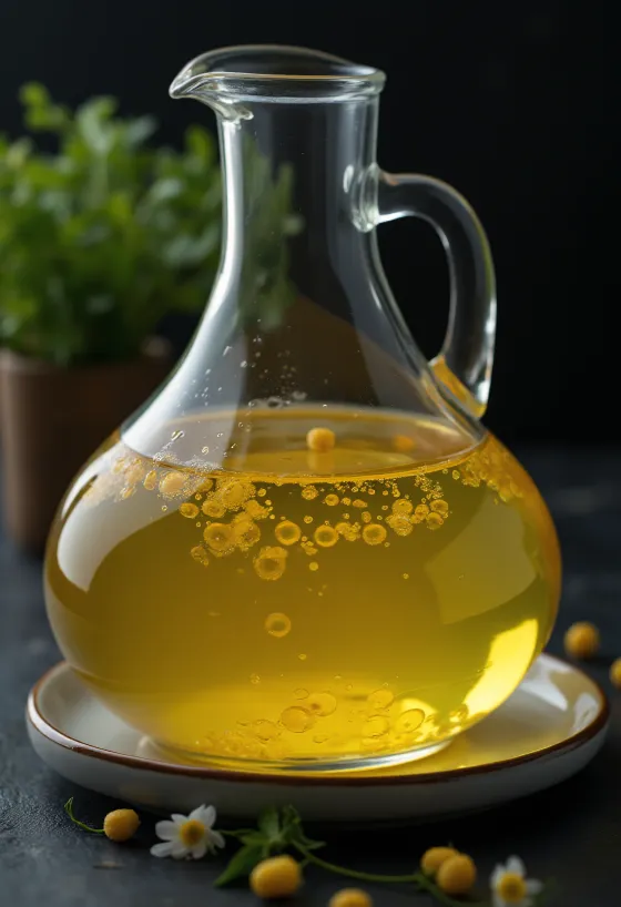 Maissiöljyä lasikulhossa, vieressä maissinjyviä ja alkioita