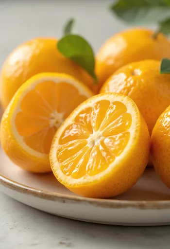 Kokonaisia ja viipaloituja kumkvatteja oranssilla kuorella ja lohkoilla puupinnalla