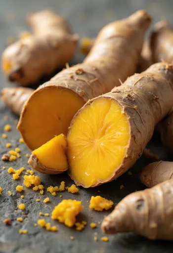 Kurkumajauhetta rustiikkisessa kulhossa ja ripoteltuna puupinnalle, luonnonvalossa