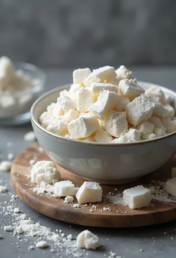 Kuzu-tärkkelysjauhetta keraamisessa kulhossa ja puulusikassa, vieressä juuriviipaleita