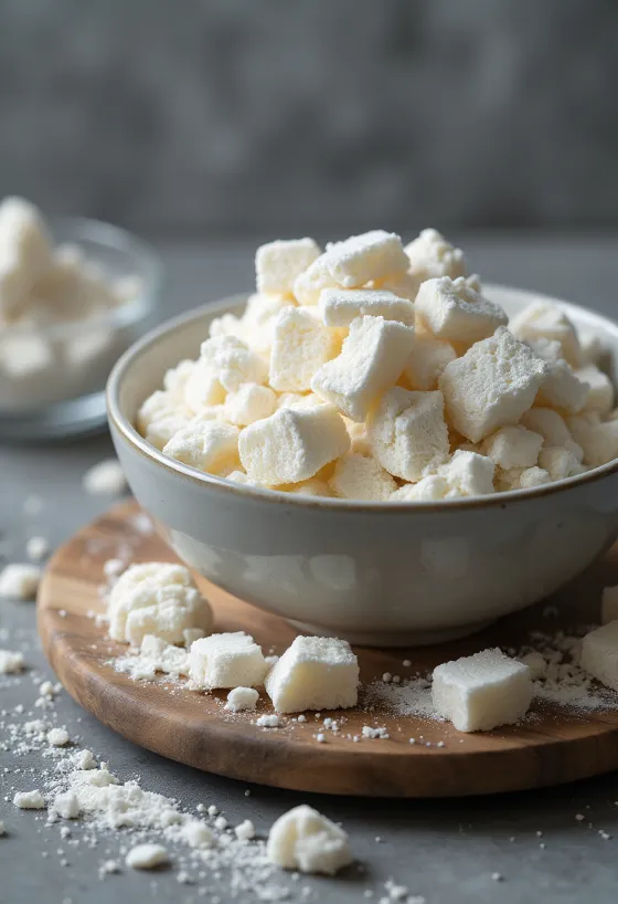 Kuzu-tärkkelysjauhetta keraamisessa kulhossa ja puulusikassa, vieressä juuriviipaleita