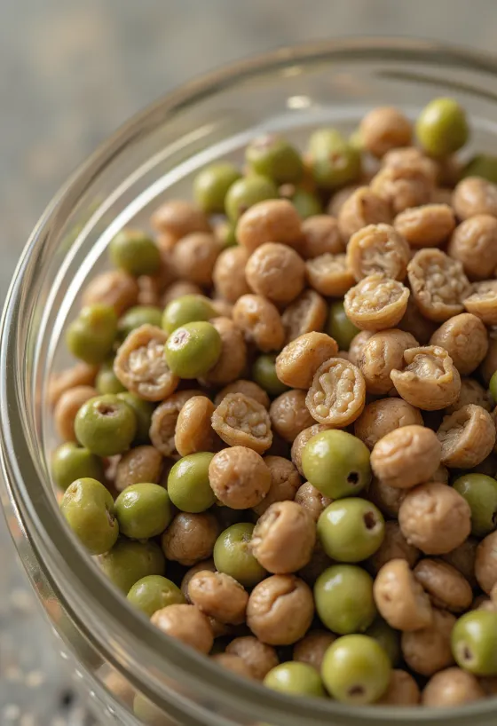 Erivärisiä linssilajikkeita keraamisissa kulhoissa puupöydällä