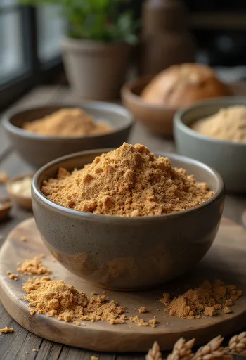 Pellavansiemenjauhoa keraamisessa kulhossa, puukauhalla ja ripoteltuna puupinnalle