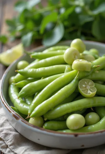 Tuoreita härkäpavun palkoja ja irrotettuja papuja rustiikkisella pinnalla