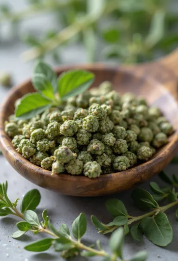 Kuivattua ja jauhettua meiramia maustekulhossa keittiössä