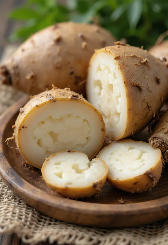 Kokonaisia ja leikattuja malanga-juureksia