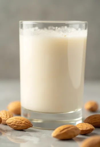 Mantelimaitoa kaadetaan lasiin, vieressä kokonaisia ja jauhettuja manteleita