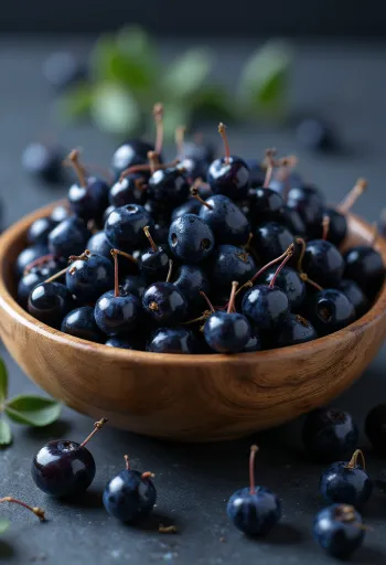 Tuoreita maqui-marjoja tummanviolettina, osa halkaistuna, raakana