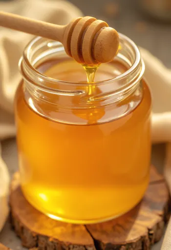 Kullanväristä hunajaa lasipurkissa ja puisessa hunajalusikassa