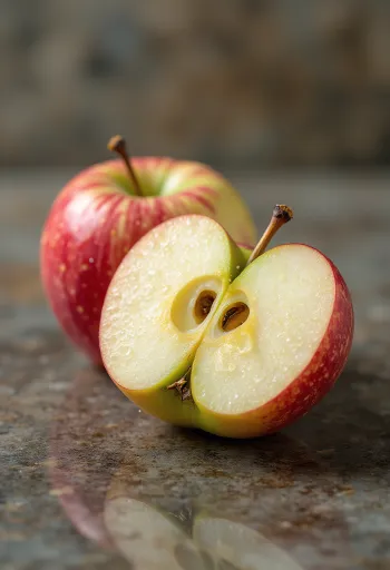Tuoreita Braeburn-omenoita ja lohkoja leikkuulaudalla