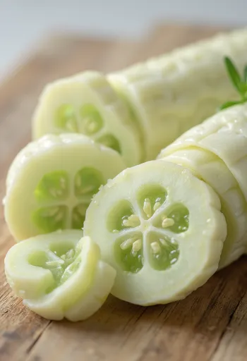 Valkoisia kurkkuviipaleita leikkuulaudalla tuoreiden vihannesten kera