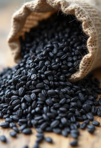 Mustaa riisiä lasipurkissa ja irtonaisina jyvinä