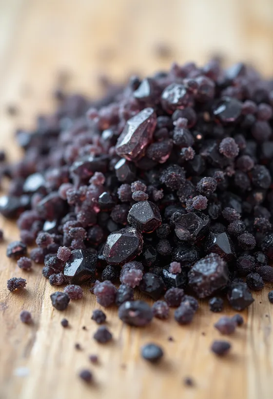 Mustaa suolaa lasipurkissa ja karkeita suolakiteitä puulusikassa