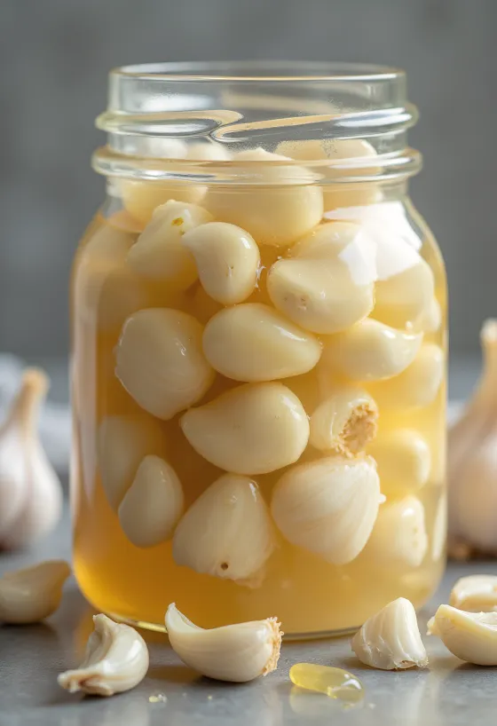 Fermentoitua valkosipulia kullanruskeassa liemessä kulhossa