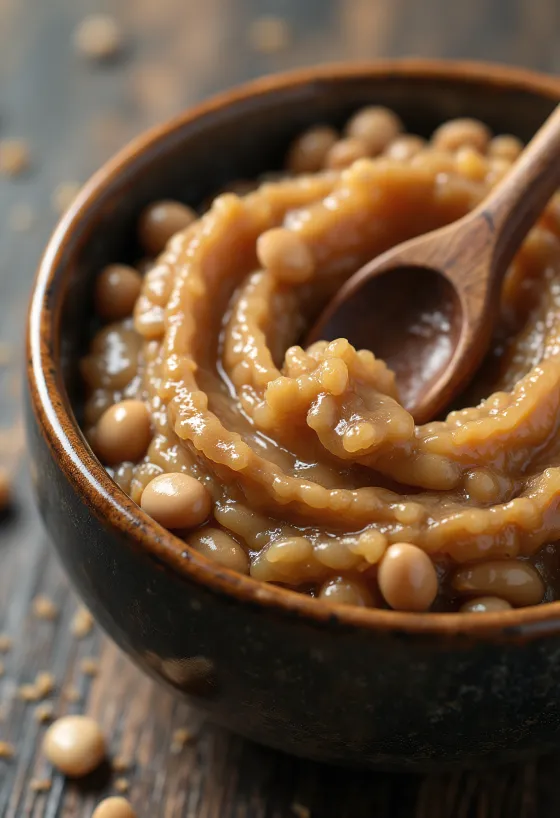 Fermentoitua soijaa lasipurkissa ja soijapapuja vieressä