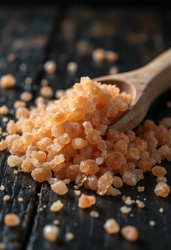 Savusuolaa lasipurkissa ja tummia suolakiteitä