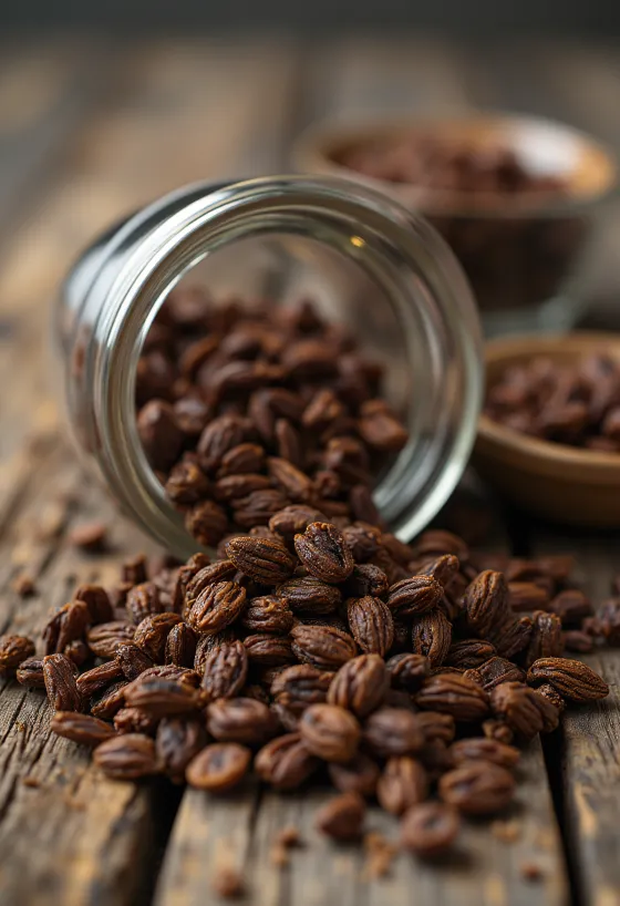 Paahdettuja rukiinjyviä leikkuulaudalla