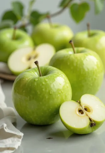 Tuoreita vihreitä Granny Smith -omenoita ja lohkoja leikkuulaudalla