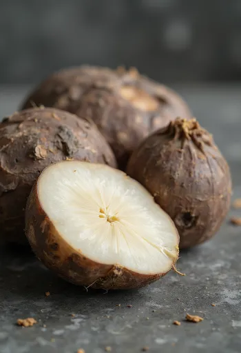 Viipaloituja jamssimukuloita leikkuulaudalla muiden juuresten kera