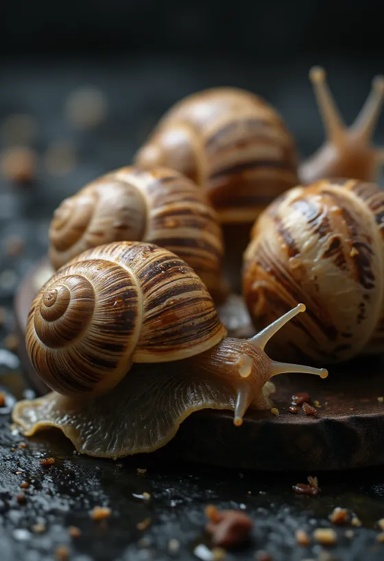 Valmiiksi puhdistettuja viinimäkikotilon lihoja lautasella