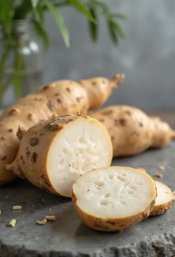 Viipaloituja maniokin (cassava) juuria leikkuulaudalla, tuoreiden vihannesten kera
