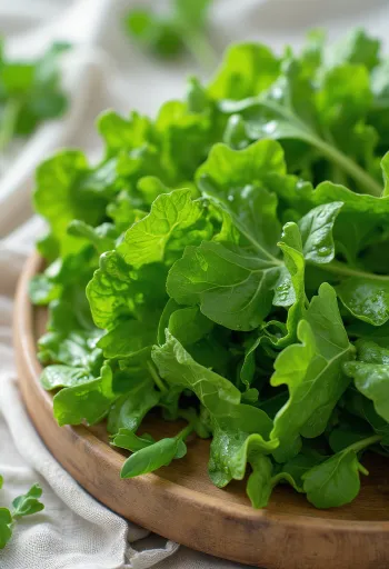 Tuoreita lehtisinapin lehtiä puisella alustalla vesipisaroilla