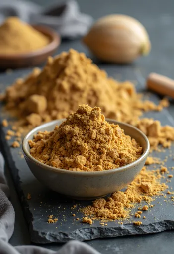 Noni-hedelmä ja nonijauhetta pienessä purkissa, ympärillä kuivattuja noni-hedelmiä